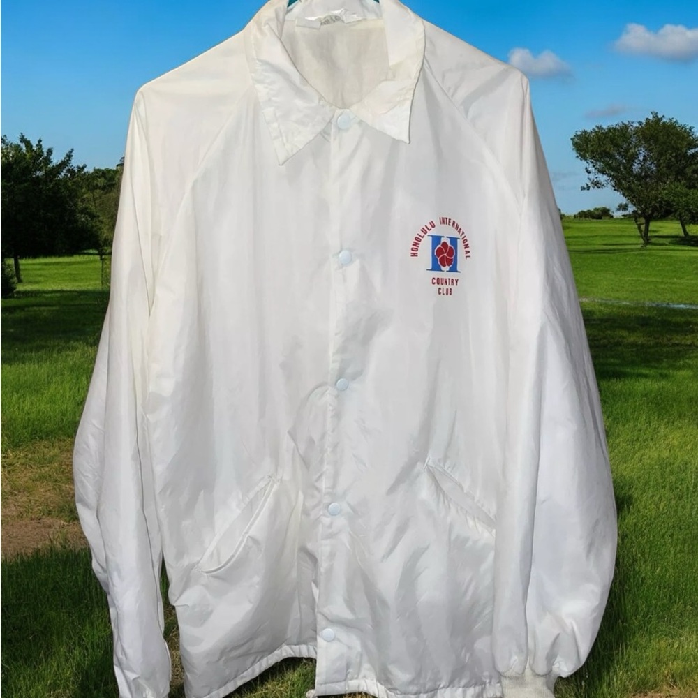 VTG Golf Jacket Windbreaker Mens SZ L White Honolulu International Turfer HAWAII